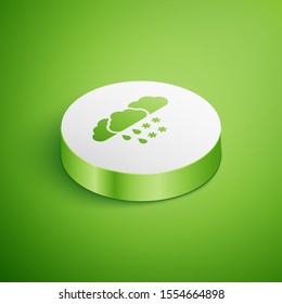 Isometric Cloud with snow and rain icon isolated on green background. Weather icon. White circle button. Vector Illustration