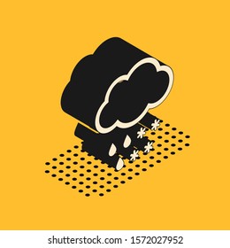 Isometric Cloud with snow and rain icon isolated on yellow background. Weather icon.  Vector Illustration