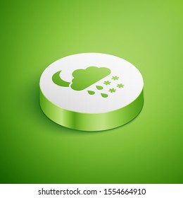 Isometric Cloud with snow, rain and moon icon isolated on green background. Weather icon. White circle button. Vector Illustration