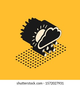 Isometric Cloud with snow, rain and sun icon isolated on yellow background. Weather icon.  Vector Illustration