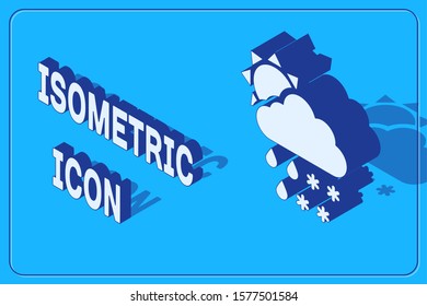 Isometric Cloud with snow, rain and sun icon isolated on blue background. Weather icon.  Vector Illustration