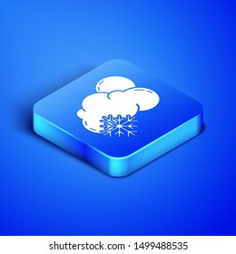 Isometric Cloud with snow and sun icon isolated on blue background. Cloud with snowflakes. Single weather icon. Snowing sign. Blue square button. Vector Illustration
