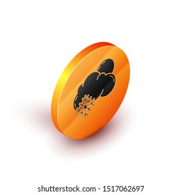 Isometric Cloud with snow and sun icon isolated on white background. Cloud with snowflakes. Single weather icon. Snowing sign. Orange circle button. Vector Illustration