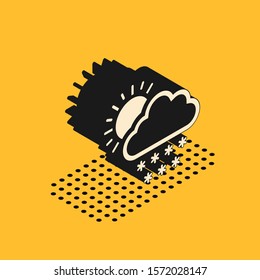 Isometric Cloud with snow and sun icon isolated on yellow background. Cloud with snowflakes. Single weather icon. Snowing sign.  Vector Illustration