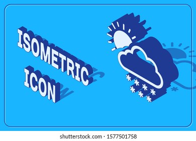 Isometric Cloud with snow and sun icon isolated on blue background. Cloud with snowflakes. Single weather icon. Snowing sign.  Vector Illustration