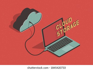 Isometric cloud storage concept with laptop