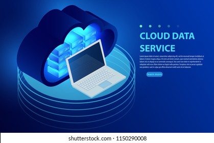 Isometric cloud storage concept. Synchronization backend cloud data storage with laptop. Concepts Cloud storage. Data center with digital devices. Concept of cloud storage, data transfer.