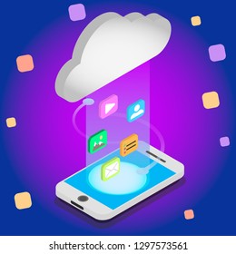 Isometric cloud storage concept. Synchronization backend cloud data storage with smartphone on. Data transfer upload-download process. Vector 3d isometric illustration.Ultra violet background