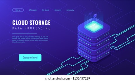 Isometric cloud storage data processing landing page concept. Collection and manipulation, recording, organisation, structuring of data items on blue background. Vector 3d isometric illustration.