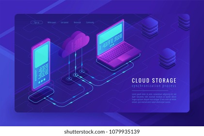 Isometric cloud storage landing page concept. Synchronization backend cloud data storage with laptop and smartphone on ultraviolet background. Upload-download process. Vector 3d isometric illustration