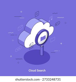Isometric cloud storage search service vector illustration with magnifying glass finding a document in a folder. Cloud computing data management concept for web.