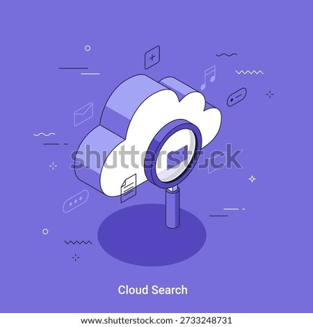 Isometric cloud storage search service vector illustration with magnifying glass finding a document in a folder. Cloud computing data management concept for web.
