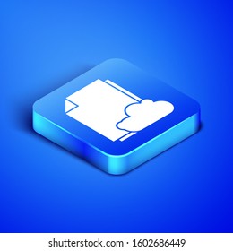 Isometric Cloud storage text document icon isolated on blue background. Blue square button. Vector Illustration