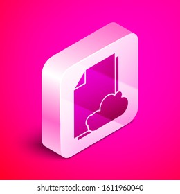 Isometric Cloud storage text document icon isolated on pink background. Silver square button. Vector Illustration