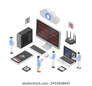 Isometric cloud technologies. Digital working process, tiny people and giant computers, monitors and smartphone. Data storage concept, flawless vector scene