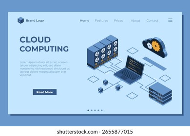 Página inicial da computação em nuvem isométrica. Armazenamento em nuvem. Rede isométrica com computador, laptop e servidor. Tecnologia isométrica