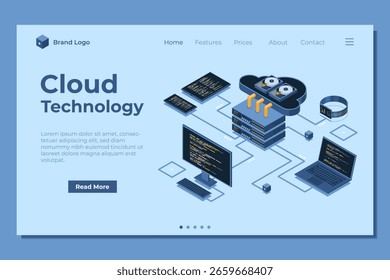 Isometric cloud technology computing landing page. Isometric network with computer, laptop, tablet, and smartphone. Isometric technology