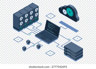 Isometric cloud technology computing. Cloud storage. Isometric network with computer, laptop, and server. Isometric technology