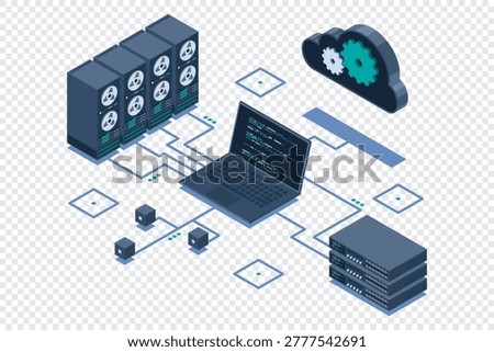 Isometric cloud technology computing. Cloud storage. Isometric network with computer, laptop, and server. Isometric technology