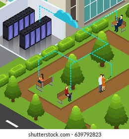 Isometric cloud technology concept with datacenter room and people using devices in city park vector illustration