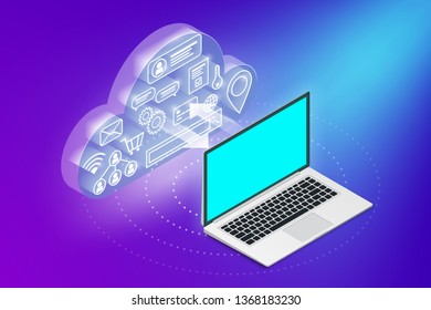 Isometric cloud technology concept . Glowing cloud with icons inside communicates with laptop. Data exchange banner on gradient background for web, graphic design, presentanion. Vector illustration