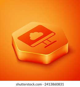 Isometric Cloud technology data transfer and storage icon isolated on orange background. Orange hexagon button. Vector