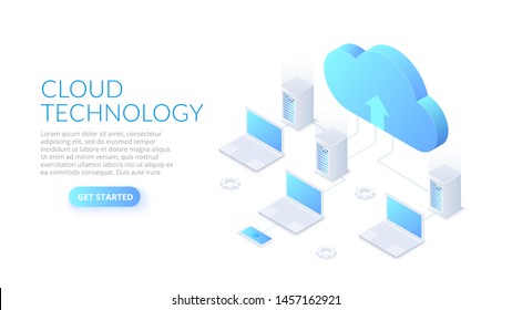 Isometric Cloud Technology With Datacenter And Laptops. Web Hosting Concept. Landing Page Template.