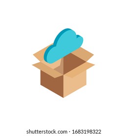 Isometric Cloud Technology Icon, 3d Blue Online Data Storage Symbol In Open Cardboard Box Isolated. Web Hosting And Media Server Concept. Vector Illustration Design, Infographic, Web, App, Ad