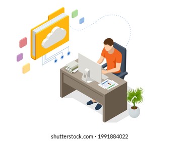 Tecnología de nube isométrica. Hombre Trabajando Desde Casa. Subcontratación global, personas que usan sistemas de nube en trabajo distante y almacenamiento de datos. Nubes documentos conectados.