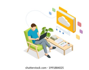 Isometric Cloud Technology. Man Working From Home. Global Outsourcing, People Using Cloud System in Distant Work and Data Storage. Clouds connected documents.