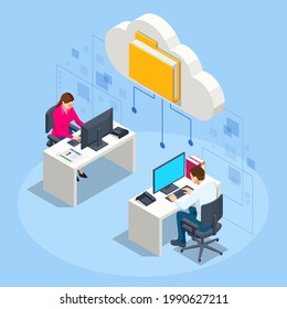 Isometric Cloud Technology. People Working From Office. Global Outsourcing, People Using Cloud System in Distant Work and Data Storage. Clouds connected documents.