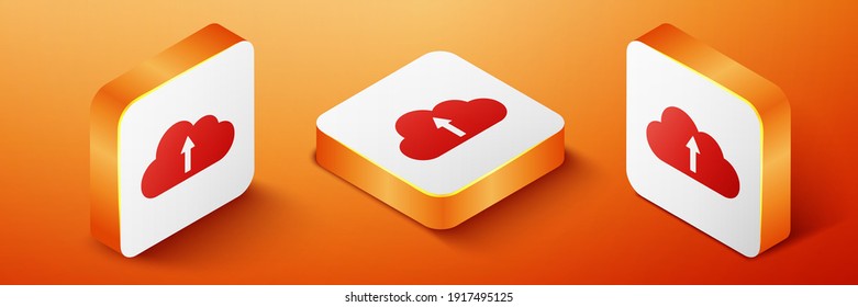 Isometric Cloud subida icono aislado en el fondo naranja. Botón cuadrado naranja. Vector.
