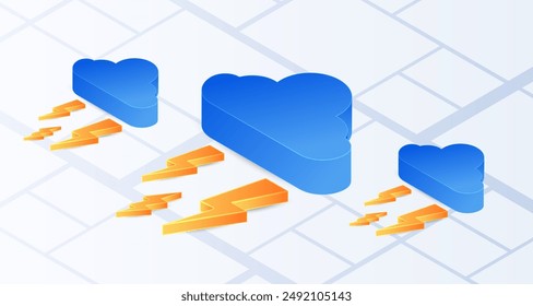 Isometric clouds and lightning on white background. Elements for weather forecast
