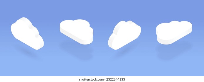 Isometric clouds set. 3d cloud storage icon at different angles. Design element for online computing, data transfer, server, digital, information network, weather concepts. Vector illustration