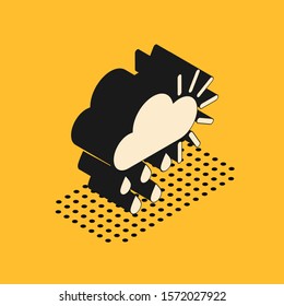 Isometric Cloudy with rain and sun icon isolated on yellow background. Rain cloud precipitation with rain drops.  Vector Illustration