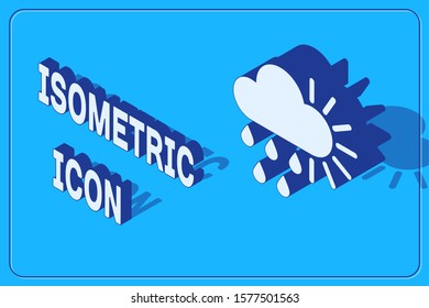 Isometric Cloudy with rain and sun icon isolated on blue background. Rain cloud precipitation with rain drops.  Vector Illustration