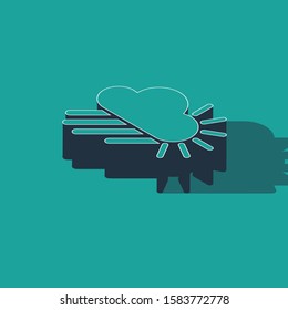 Isometric Cloudy with rain and sun icon isolated on green background. Rain cloud precipitation with rain drops.  Vector Illustration