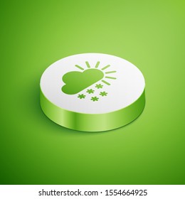 Isometric Cloudy with snow icon isolated on green background. Cloud with snowflakes. Single weather icon. Snowing sign. White circle button. Vector Illustration