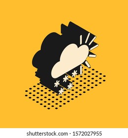 Isometric Cloudy with snow icon isolated on yellow background. Cloud with snowflakes. Single weather icon. Snowing sign.  Vector Illustration