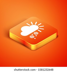 Isometric Cloudy with snow icon isolated on orange background. Cloud with snowflakes. Single weather icon. Snowing sign.  Vector Illustration