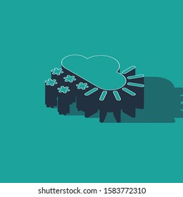 Isometric Cloudy with snow icon isolated on green background. Cloud with snowflakes. Single weather icon. Snowing sign.  Vector Illustration