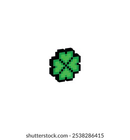 isometric Clover with four leaves icon 8 bit, pixel art Clover icon for game logo.