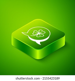 Isometric Clover trefoil leaf icon isolated on green background. Happy Saint Patricks day. National Irish holiday. Green square button. Vector