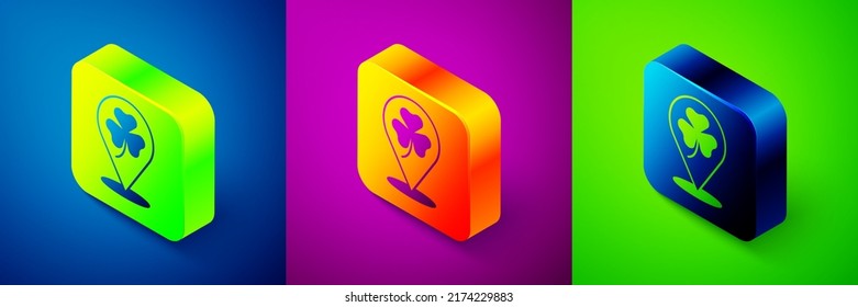 Isometric Clover trefoil leaf icon isolated on blue, purple and green background. Happy Saint Patricks day. National Irish holiday. Square button. Vector