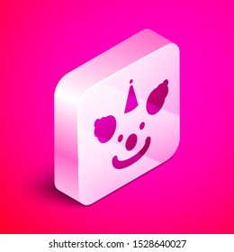 Isometric Clown head icon isolated on pink background. Silver square button. Vector Illustration
