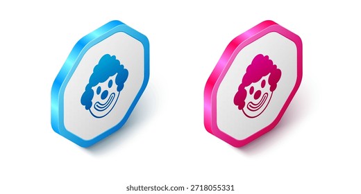 Isometric Clown head icon isolated on white background. Hexagon button. Vector