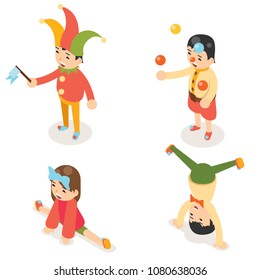 Isometric clown joke fun boys girls characters set icon isolated flat design vector illustration