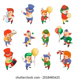 Isometric clowns characters circus party fun carnival funny icons set isolated flat design 3d vector illustration