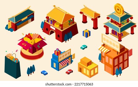 Isometric CNY building element set isolated on white background. Including ancient chinese architecture, shops, gift boxes, shopping bag, cars, and trees.