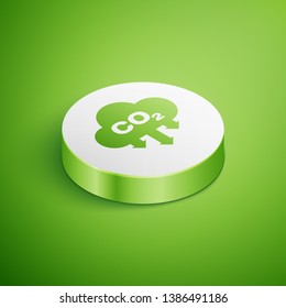 Isometric CO2 emissions in cloud icon isolated on green background. Carbon dioxide formula symbol, smog pollution concept, environment concept. White circle button. Vector Illustration